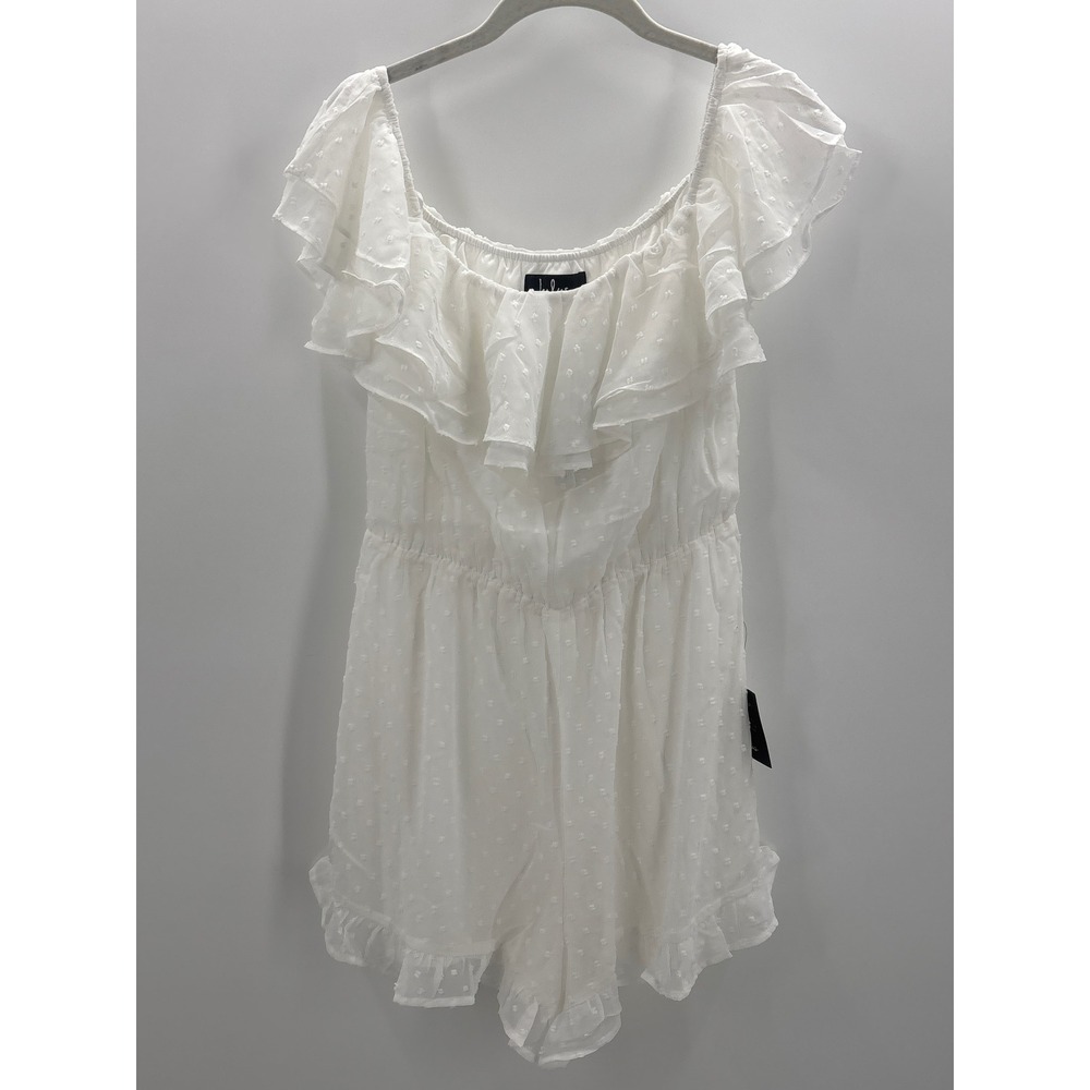 Lulus Frilled to Bits White Swiss Dot Off-the-Shoulder Romper Medium NWT - Picture 6 of 11